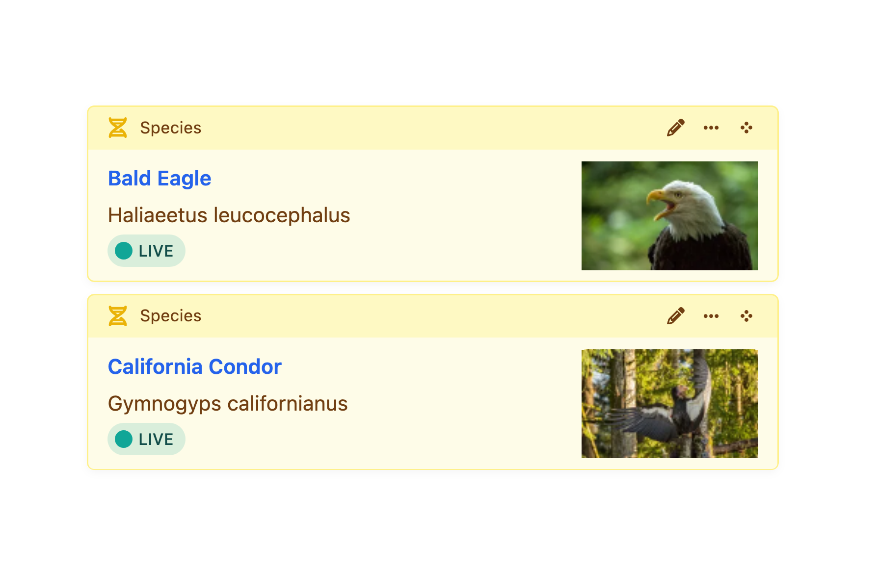 Two element “cards” in the Craft control panel, show thumbnails, titles, and statuses.